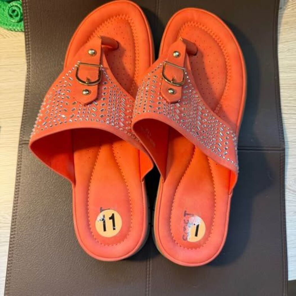 Soft Orange Rhinestone Thong Sandals Size 11. Worn 1 time for 1 hour.